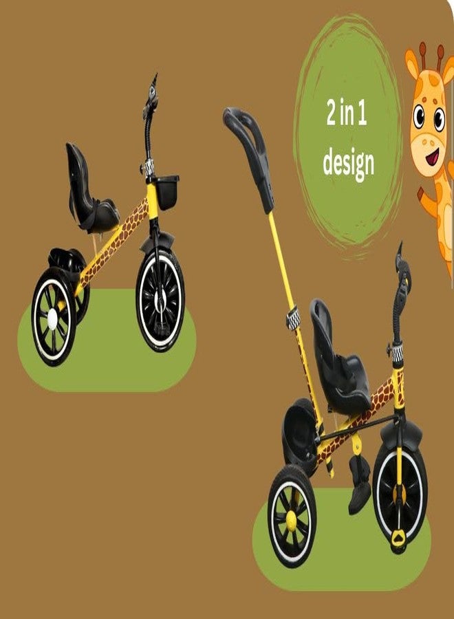 JoyRide JoySafari Kids Tricycle with Parental Handle, Animal-Themed Design, Black and Yellow, Giraffe and Zebra Pattern, 2-5 Years, Outdoor Adventure Ride (GiraffeGlide+ Yellow) - Image 2